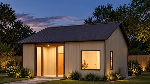 Elmstead 24, lights on, at dusk