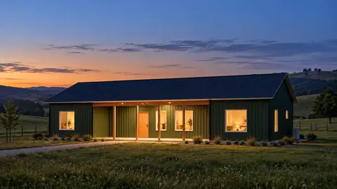 Cedarbrook 60, lights on, at dusk