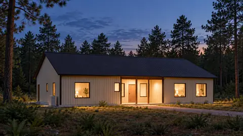 Briarwood 60, lights on, at dusk