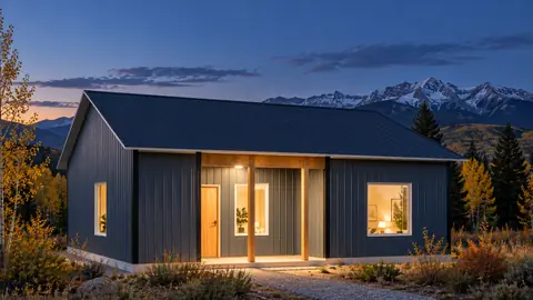 Larkspur 32, lights on, at dusk
