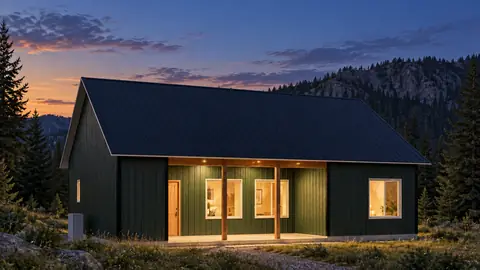 Pinecrest 39, lights on, at dusk