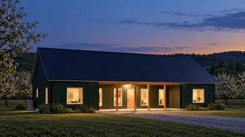 Ashford Farmhouse 60, lights on, at dusk