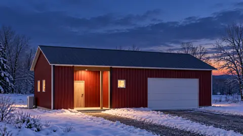 Ridgeline 45 Workshop, lights on, at dusk