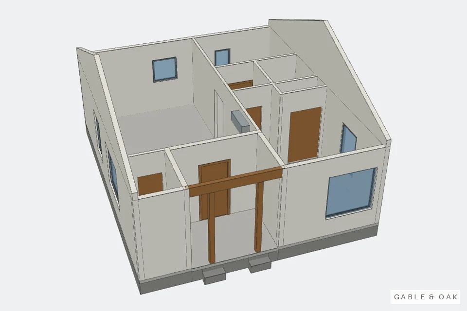 The building as a model, roof off, rooms showing