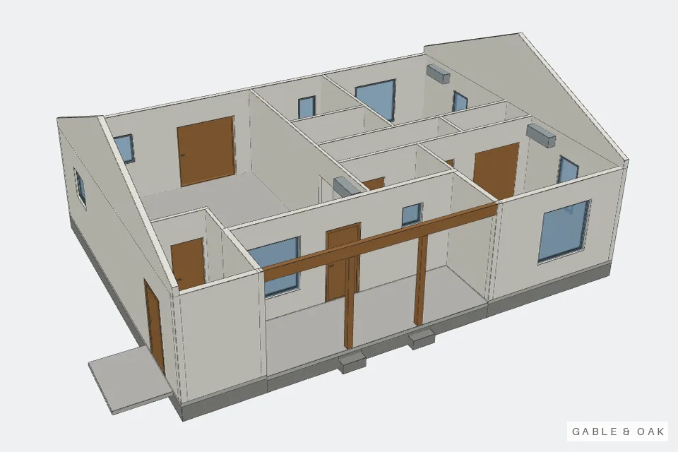 The building as a model, roof off, rooms showing