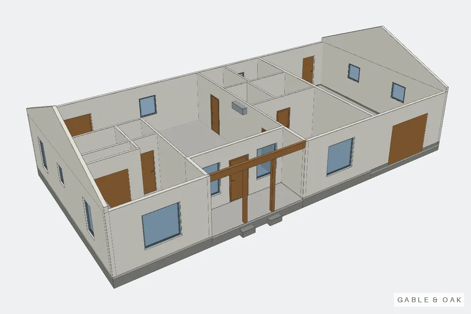 The building as a model, roof off, rooms showing