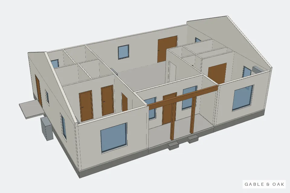 The building as a model, roof off, rooms showing