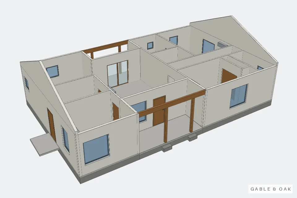 The building as a model, roof off, rooms showing
