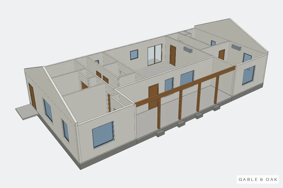 The building as a model, roof off, rooms showing