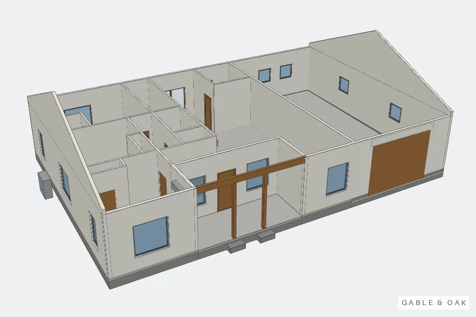 The building as a model, roof off, rooms showing
