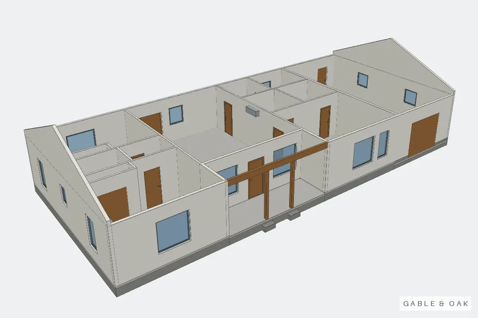 The building as a model, roof off, rooms showing