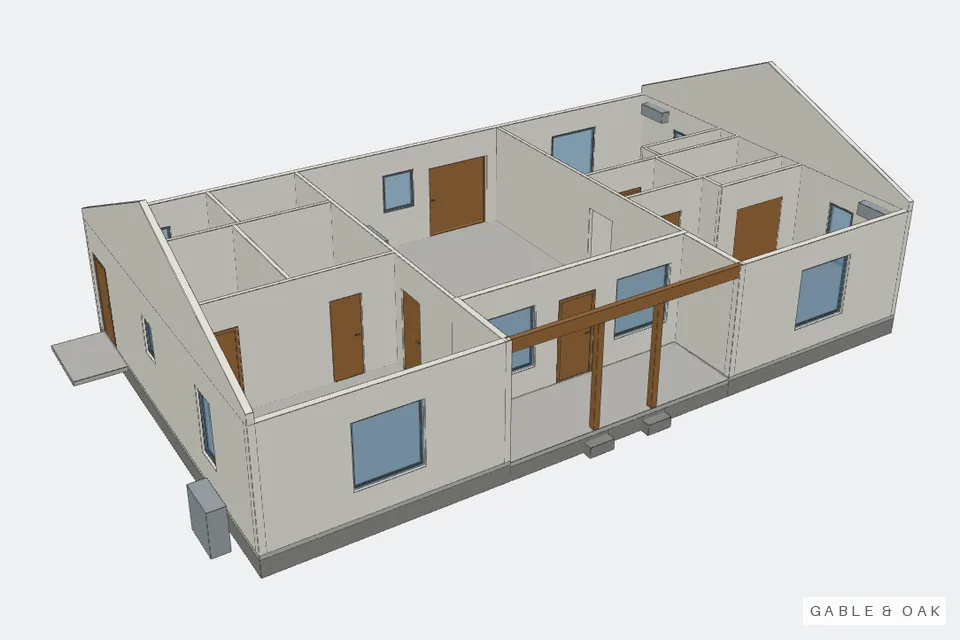 The building as a model, roof off, rooms showing