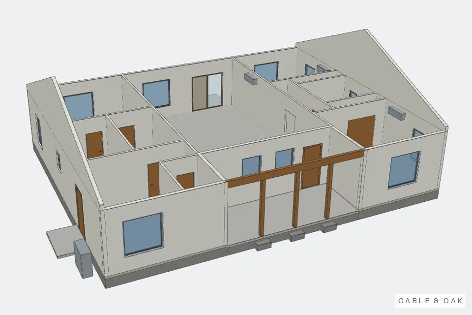 The building as a model, roof off, rooms showing