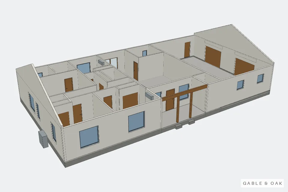 The building as a model, roof off, rooms showing