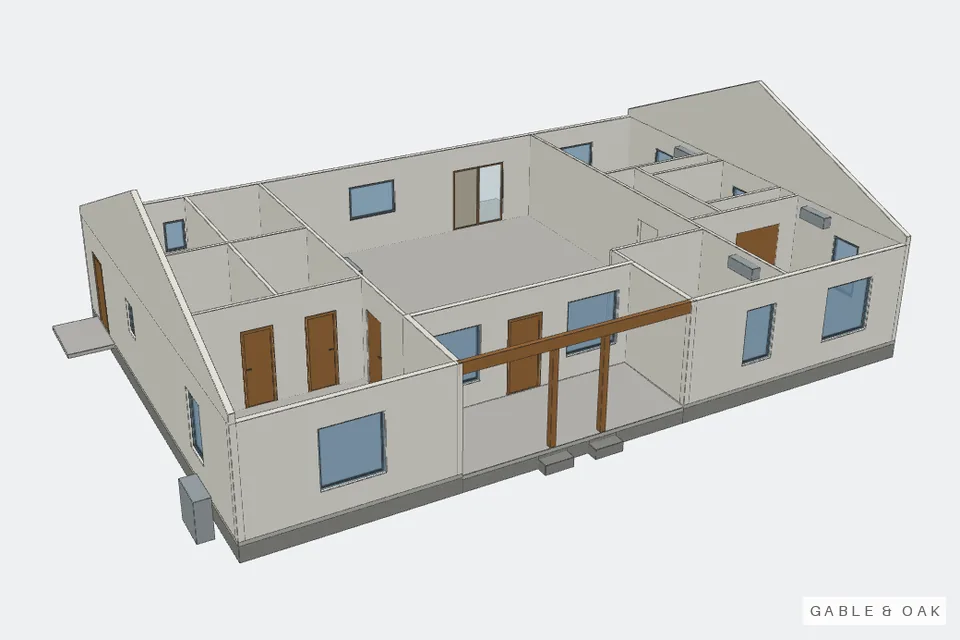 The building as a model, roof off, rooms showing