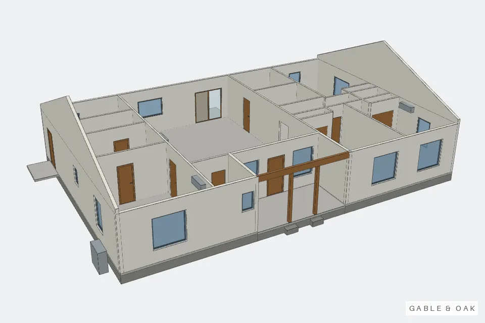 The building as a model, roof off, rooms showing