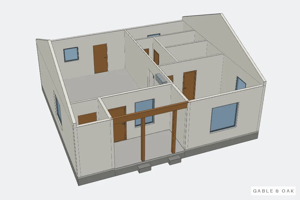 The building as a model, roof off, rooms showing