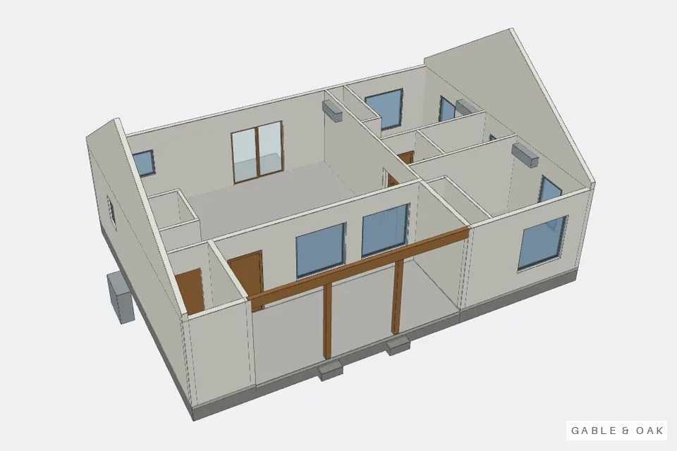 The building as a model, roof off, rooms showing