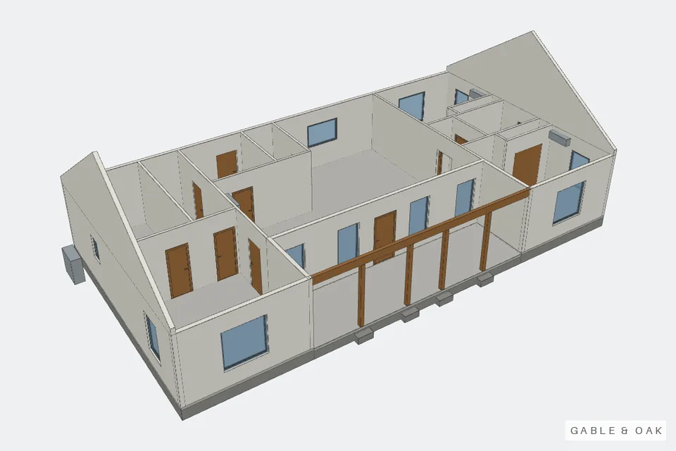 The building as a model, roof off, rooms showing